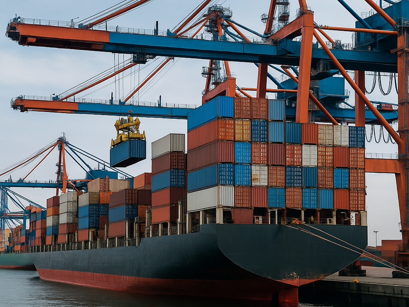 A container ship is being loaded at a busy port, highlighting current supply chain volatility.